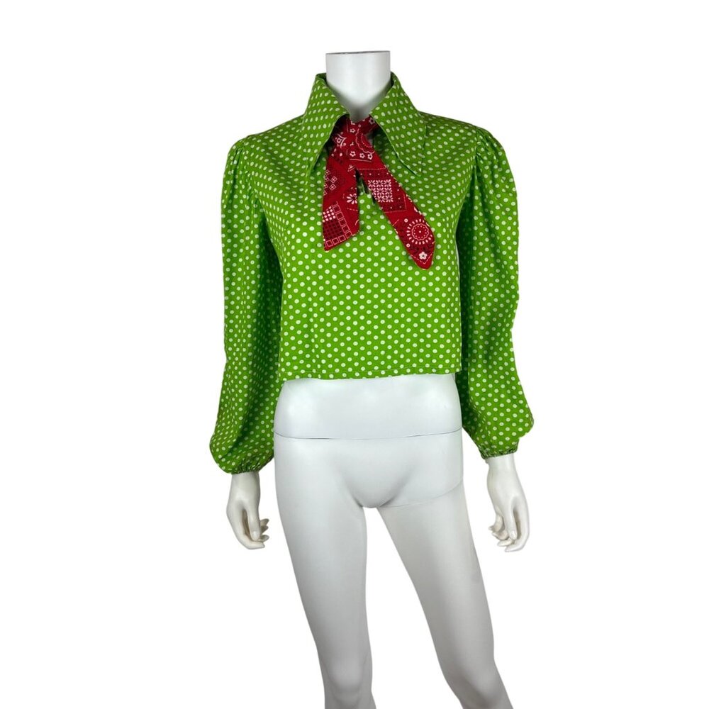 Vintage 70s Polka Dot Blouse Womens S Lime Green Dotted With Red Bandana Accent